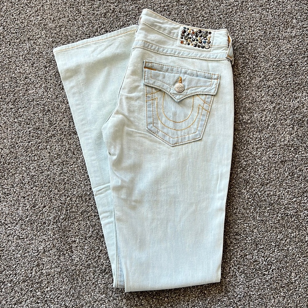 Bleach Washed True Religion Jeans with Rhinestones Flap Pocket Straight size 28